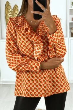 Blouse à Motif Orange Avec Volant à L'avant -Promos Raffinoux Boutique blouse a motif orange avec volant a l avant 2