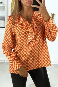 Blouse à Motif Orange Avec Volant à L'avant