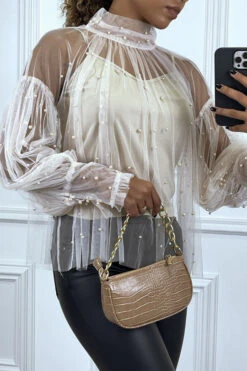 Blouse Beige En Tulle Transparent Perlé à Col Haut -Promos Raffinoux Boutique blouse beige en tulle transparent perle a col haut 2