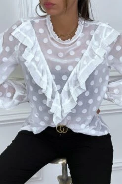 Blouse Blanche à Volant Et Pois Col Claudine -Promos Raffinoux Boutique blouse blanche a volant et pois col claudine 2