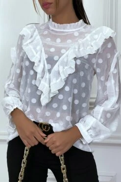 Blouse Blanche à Volant Et Pois Col Claudine