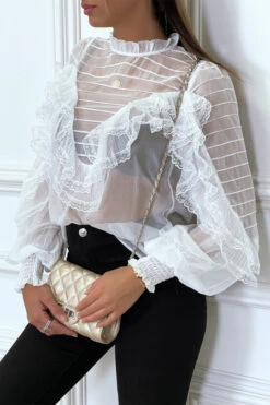 Blouse Blanche En Tulle Avec Broderie Et Volant -Promos Raffinoux Boutique blouse blanche en tulle avec broderie et volant 2