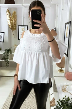 Blouse Blanche épaules Dénudé Foncé Devant Avec Paillettes -Promos Raffinoux Boutique blouse blanche epaules denude fonce devant avec paillettes 3