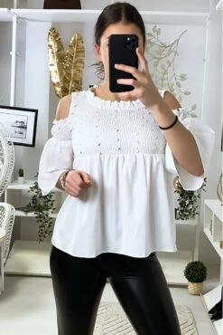 Blouse Blanche épaules Dénudé Foncé Devant Avec Paillettes -Promos Raffinoux Boutique blouse blanche epaules denude fonce devant avec paillettes 5