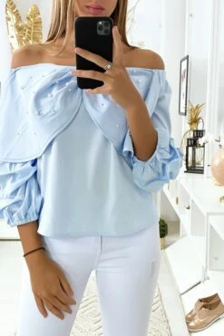 Blouse Bleu Avec Papillons Ornée De Strass à L'avant