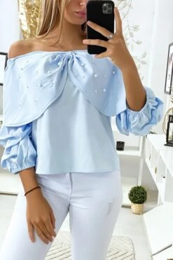 Blouse Bleu Avec Papillons Ornée De Strass à L'avant -Promos Raffinoux Boutique blouse bleu avec papillons ornee de strass a l avant 3