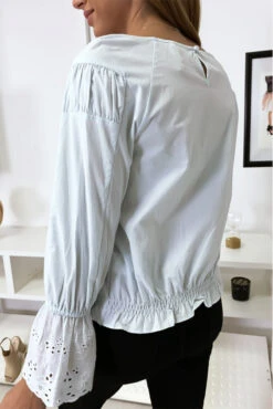 Blouse Bleu Plissé Au Buste Avec Volant En Dentelle Aux Manches -Promos Raffinoux Boutique blouse bleu plisse au buste avec volant en dentelle aux manches 2