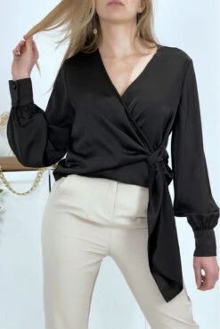 Blouse Cache Coeur Noire Satinée -Promos Raffinoux Boutique blouse cache coeur noire satinee 3