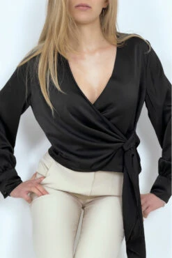 Blouse Cache Coeur Noire Satinée -Promos Raffinoux Boutique blouse cache coeur noire satinee 4
