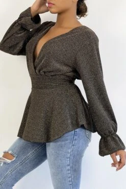 Blouse Cache-coeur Pailletée Dorée à Volants -Promos Raffinoux Boutique blouse cache coeur pailletee doree a volants 1