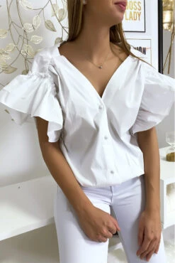 Blouse Chemise Blanche Boutonnés à L'avant Avec Volant Aux Manches Et Fronce Aux épaules -Promos Raffinoux Boutique blouse chemise blanche boutonnes a l avant avec volant aux manches et fronce aux epaules 4