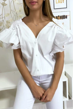 Blouse Chemise Blanche Boutonnés à L'avant Avec Volant Aux Manches Et Fronce Aux épaules -Promos Raffinoux Boutique blouse chemise blanche boutonnes a l avant avec volant aux manches et fronce aux epaules 5