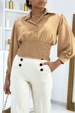 Blouse Courte Camel à Boutons