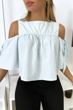 Blouse Crop Top Bleu Avec Noeuds -Promos Raffinoux Boutique blouse crop top bleu avec noeuds 3