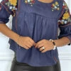 Blouse D'été Marine Avec Détails/fleurs Brodés Et Pompons, à Manches Mi-longues Et Col Rond