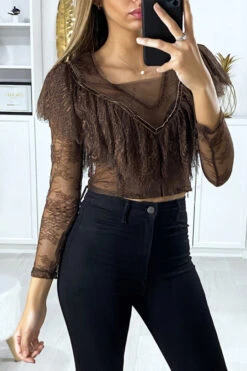 Blouse En Dentelle Marron Manche Longue Avec Volant Au Buste