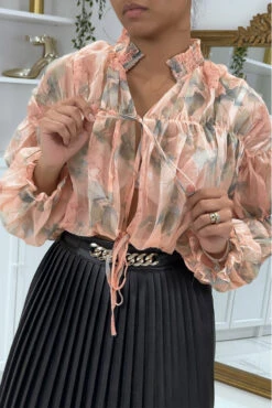 Blouse Fleurie à Nouer En Tulle Rose -Promos Raffinoux Boutique blouse fleurie a nouer en tulle rose 4