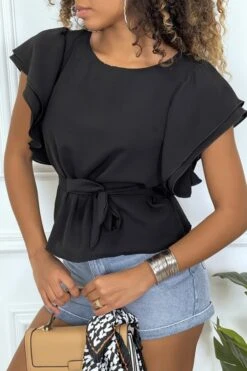 Blouse Noir à Volant Et Ceinture -Promos Raffinoux Boutique blouse noir a volant et ceinture 2