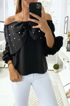 Blouse Noir Avec Papillons Ornée De Strass à L'avant