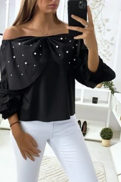 Blouse Noir Avec Papillons Ornée De Strass à L'avant -Promos Raffinoux Boutique blouse noir avec papillons ornee de strass a l avant 3