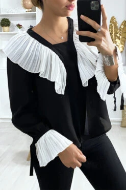 Blouse Noir Avec Plissé Au Col Et Aux Manches En Blanc -Promos Raffinoux Boutique blouse noir avec plisse au col et aux manches en blanc 3