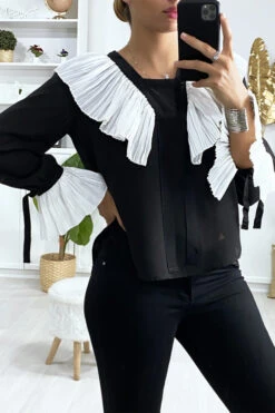 Blouse Noir Avec Plissé Au Col Et Aux Manches En Blanc -Promos Raffinoux Boutique blouse noir avec plisse au col et aux manches en blanc 5
