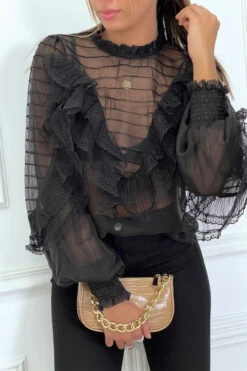 Blouse Noir En Tulle Avec Broderie Et Volant -Promos Raffinoux Boutique blouse noir en tulle avec broderie et volant 1