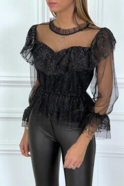 Blouse Noire En Dentelle à Volants Et Col Haut Et Plumetis -Promos Raffinoux Boutique blouse noire en dentelle a volants et col haut et plumetis 2
