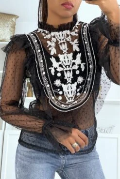 Blouse Noire En Tulle Avec Volant Et Broderie -Promos Raffinoux Boutique blouse noire en tulle avec volant et broderie 4
