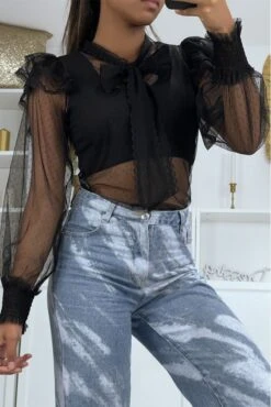 Blouse Noire En Tulle Transparente, Motif Plumetis -Promos Raffinoux Boutique blouse noire en tulle transparente motif plumetis 1