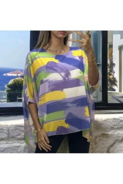 Blouse Over Size Motif Beige Lilas Doublé -Promos Raffinoux Boutique blouse over size motif beige lilas double 2