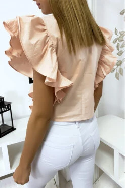 Blouse Rose Très Chic Avec Volant Aux Manches -Promos Raffinoux Boutique blouse rose tres chic avec volant aux manches 3