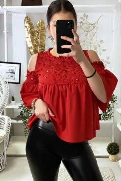 Blouse Rouge épaules Dénudé Foncé Devant Avec Paillettes -Promos Raffinoux Boutique blouse rouge epaules denude fonce devant avec paillettes 2