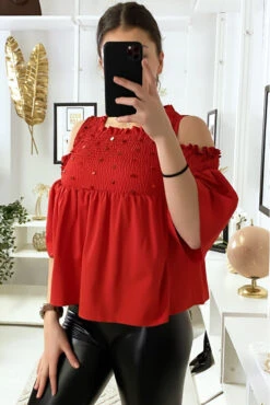 Blouse Rouge épaules Dénudé Foncé Devant Avec Paillettes -Promos Raffinoux Boutique blouse rouge epaules denude fonce devant avec paillettes 3