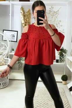 Blouse Rouge épaules Dénudé Foncé Devant Avec Paillettes -Promos Raffinoux Boutique blouse rouge epaules denude fonce devant avec paillettes 4