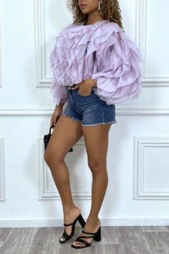 Blouse Transparente Lila à Manches Longues, Avec Volants En Tulle -Promos Raffinoux Boutique blouse transparente lila a manches longues avec volants en tulle 1