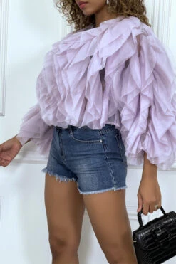 Blouse Transparente Lila à Manches Longues, Avec Volants En Tulle -Promos Raffinoux Boutique blouse transparente lila a manches longues avec volants en tulle 2