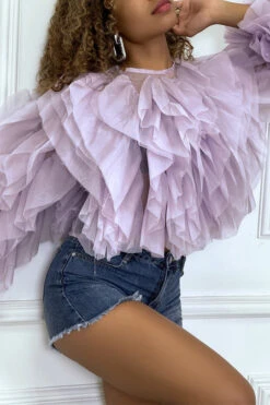 Blouse Transparente Lila à Manches Longues, Avec Volants En Tulle -Promos Raffinoux Boutique blouse transparente lila a manches longues avec volants en tulle 4