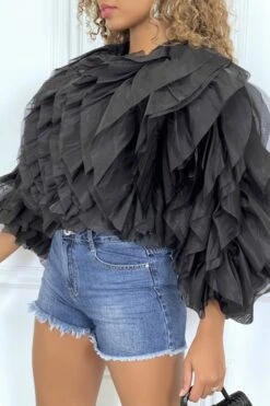Blouse Transparente Noire à Manches Longues, Avec Volants En Tulle -Promos Raffinoux Boutique blouse transparente noire a manches longues avec volants en tulle 2