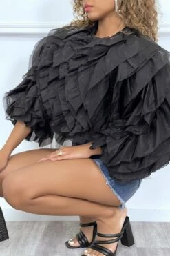 Blouse Transparente Noire à Manches Longues, Avec Volants En Tulle -Promos Raffinoux Boutique blouse transparente noire a manches longues avec volants en tulle 3