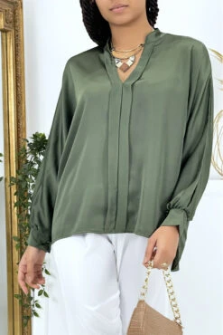 Blouse Verte Over Size Satiné Avec Plis -Promos Raffinoux Boutique blouse verte over size satine avec plis 1