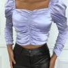 Blouse Violette Satinée à Manches Longues Froncé