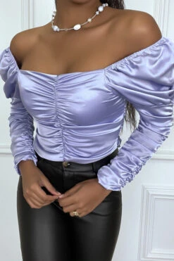 Blouse Violette Satinée à Manches Longues Froncé -Promos Raffinoux Boutique blouse violette satinee a manches longues fronce 3