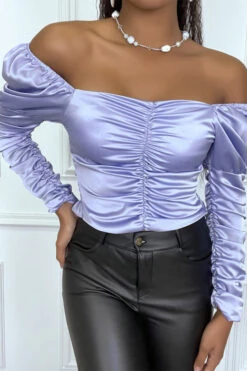 Blouse Violette Satinée à Manches Longues Froncé -Promos Raffinoux Boutique blouse violette satinee a manches longues fronce 4