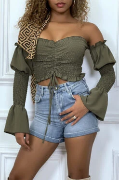 Bustier Kaki Ajustable à Manches Volant -Promos Raffinoux Boutique bustier kaki ajustable a manches volant 2