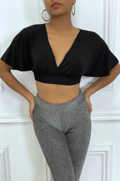 Crop Blouse Noir à Manche Volant Et Col Plongeant -Promos Raffinoux Boutique crop blouse noir a manche volant et col plongeant 2