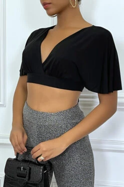 Crop Blouse Noir à Manche Volant Et Col Plongeant