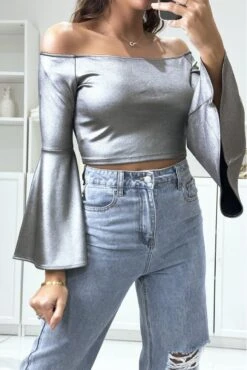 Crop Top Argenté Col Bateau Avec Manche évasé -Promos Raffinoux Boutique crop top argente col bateau avec manche evase 1