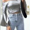 Crop Top Argenté Col Bateau Avec Manche évasé