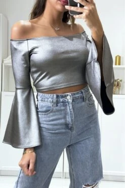 Crop Top Argenté Col Bateau Avec Manche évasé -Promos Raffinoux Boutique crop top argente col bateau avec manche evase 2